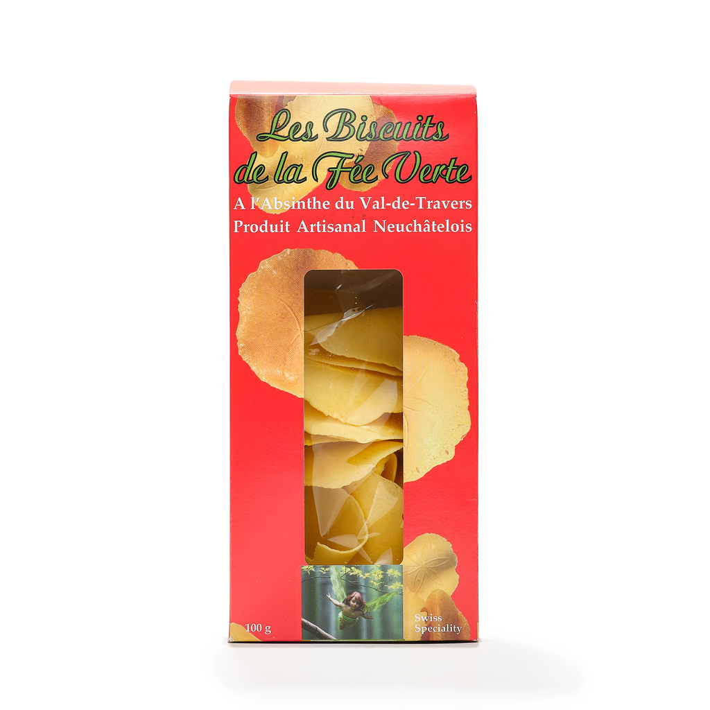 Biscuits de la Fée Verte Absinthe infused cookies front view 100g swiss speciality
