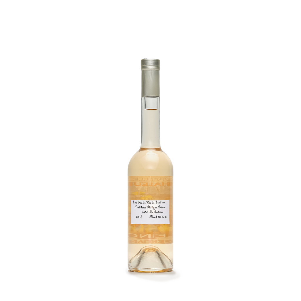 Distillerie La Chaleureuse Geinoz Gentiane bottle light caramel color back view