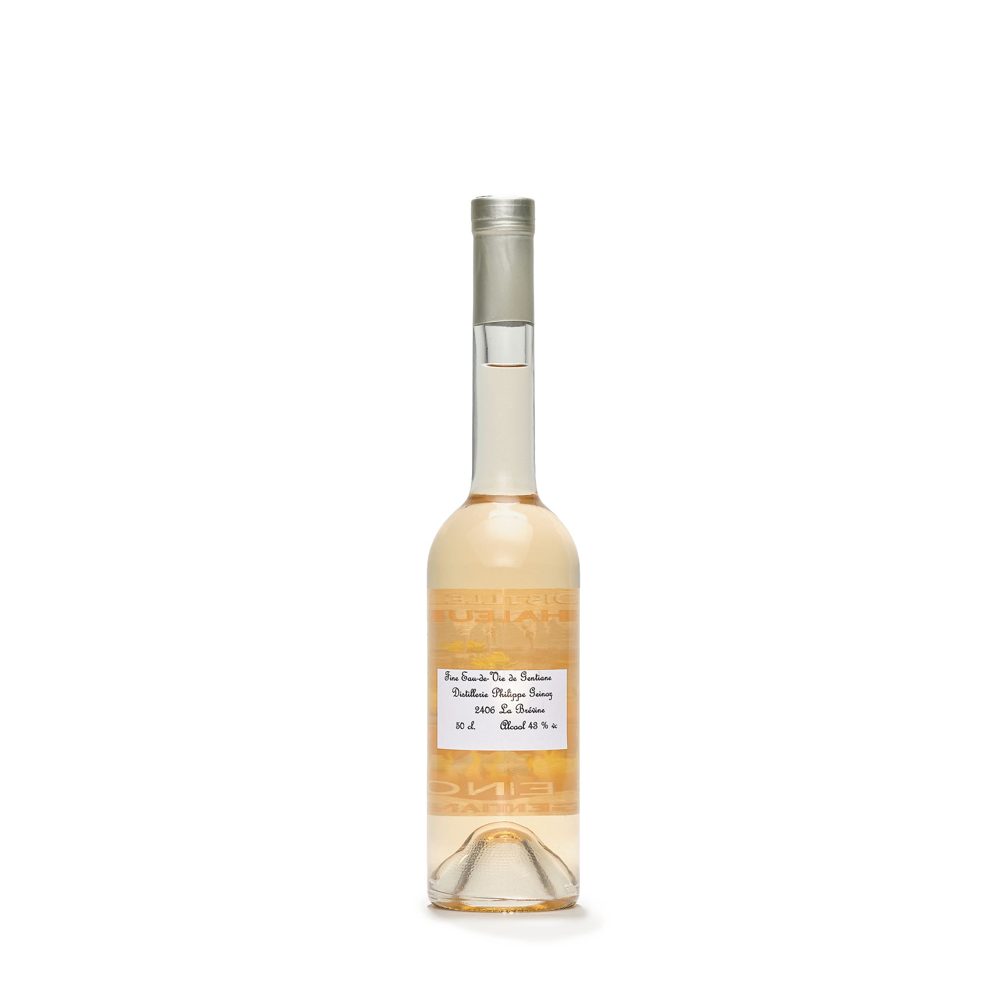 Distillerie La Chaleureuse Geinoz Gentiane bottle light caramel color back view