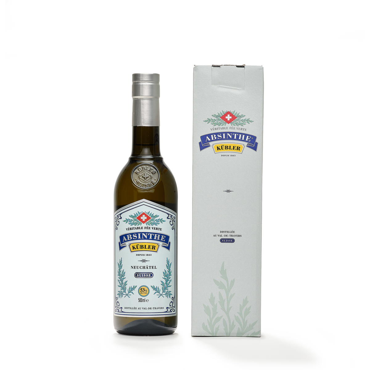 Absinthe Kübler absinthe blanche 50cl 53% front view and packaging