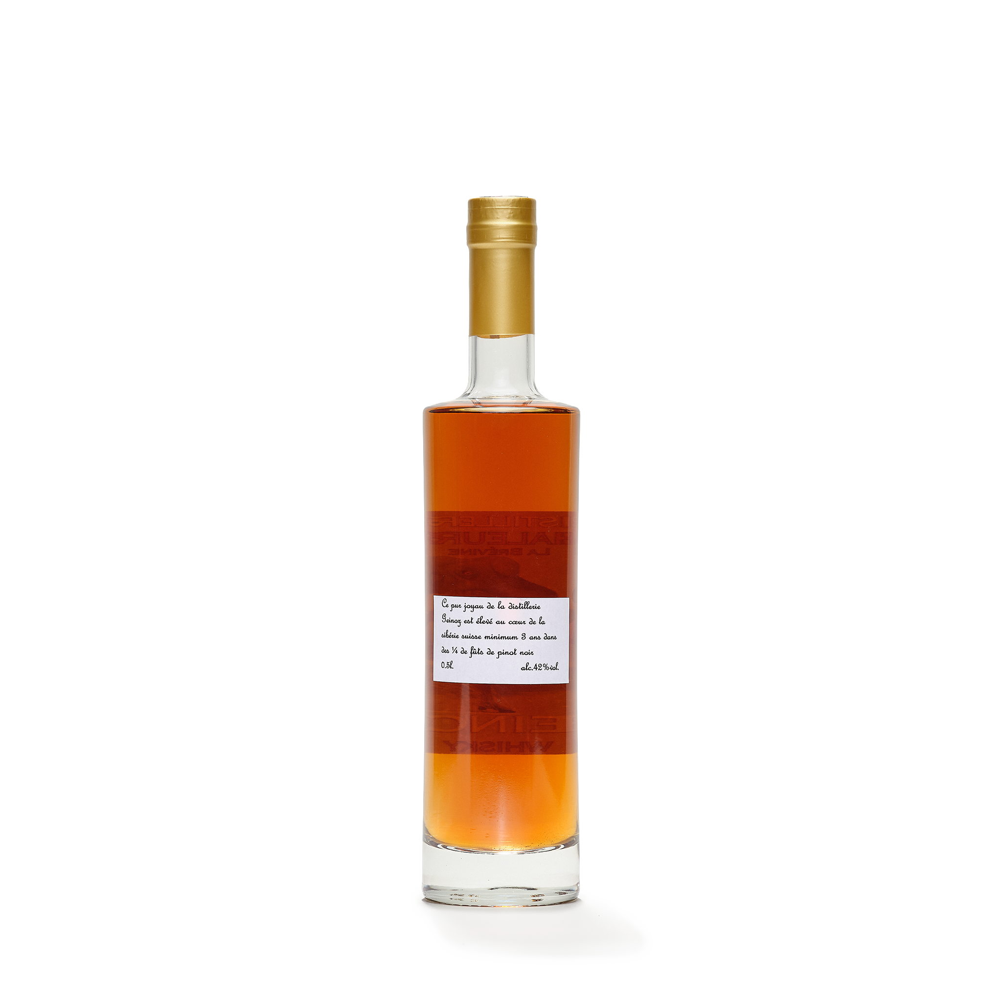 Distillerie La Chaleureuse Geinoz Whisky bottle caramel color back view
