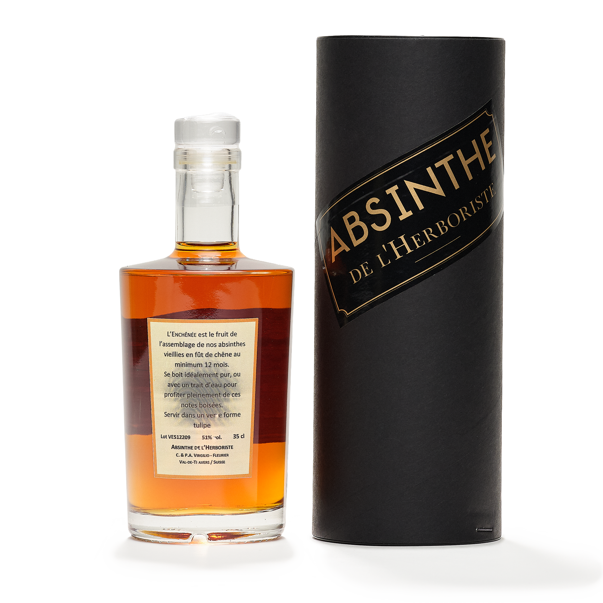 Distillerie L'Herboriste barrel-aged absinthe enchênée 50cl back view and pakcaging to the side